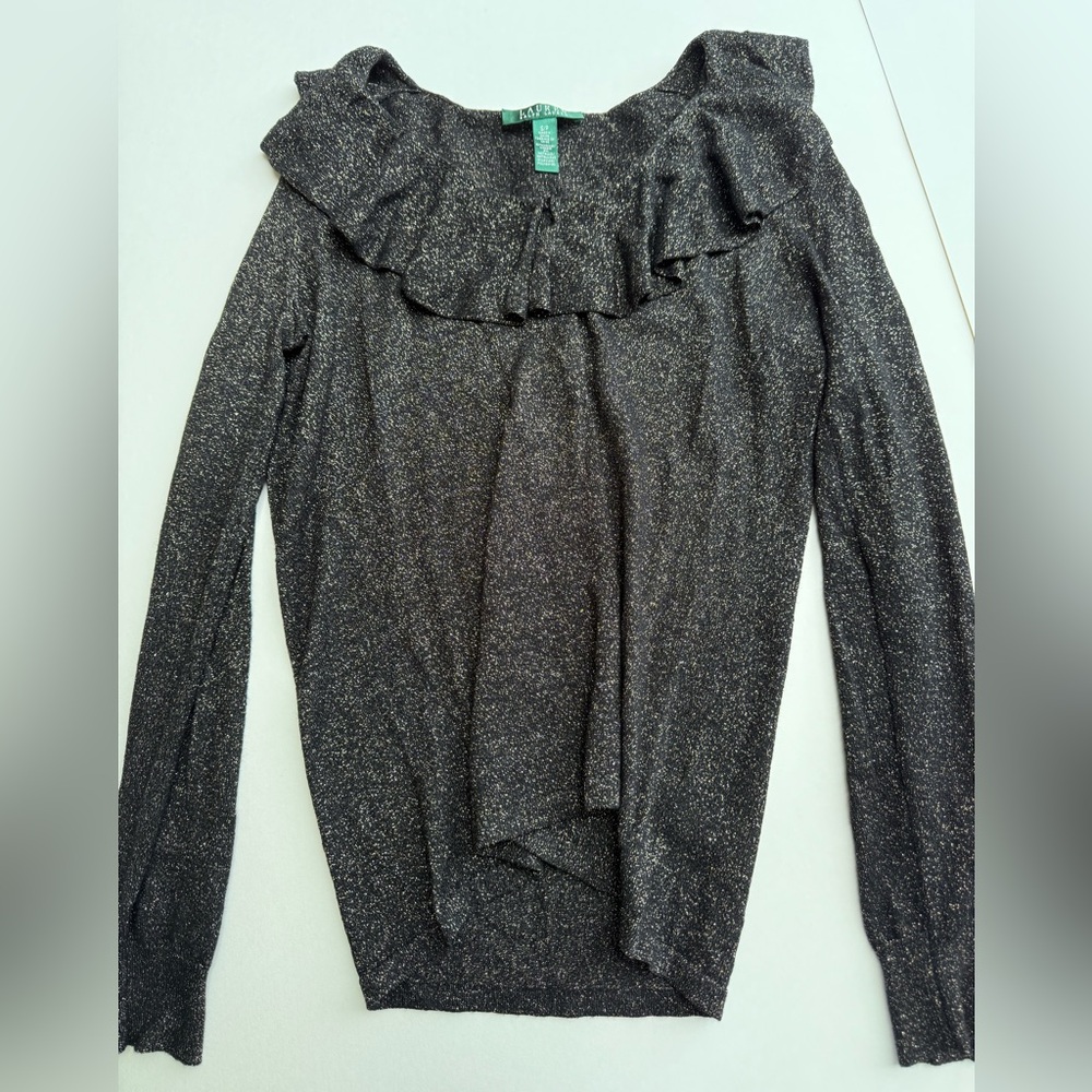 Polo Ralph Lauren Women’s Small $139 Sweater Metallic Black Gold Ruffle Sparkle